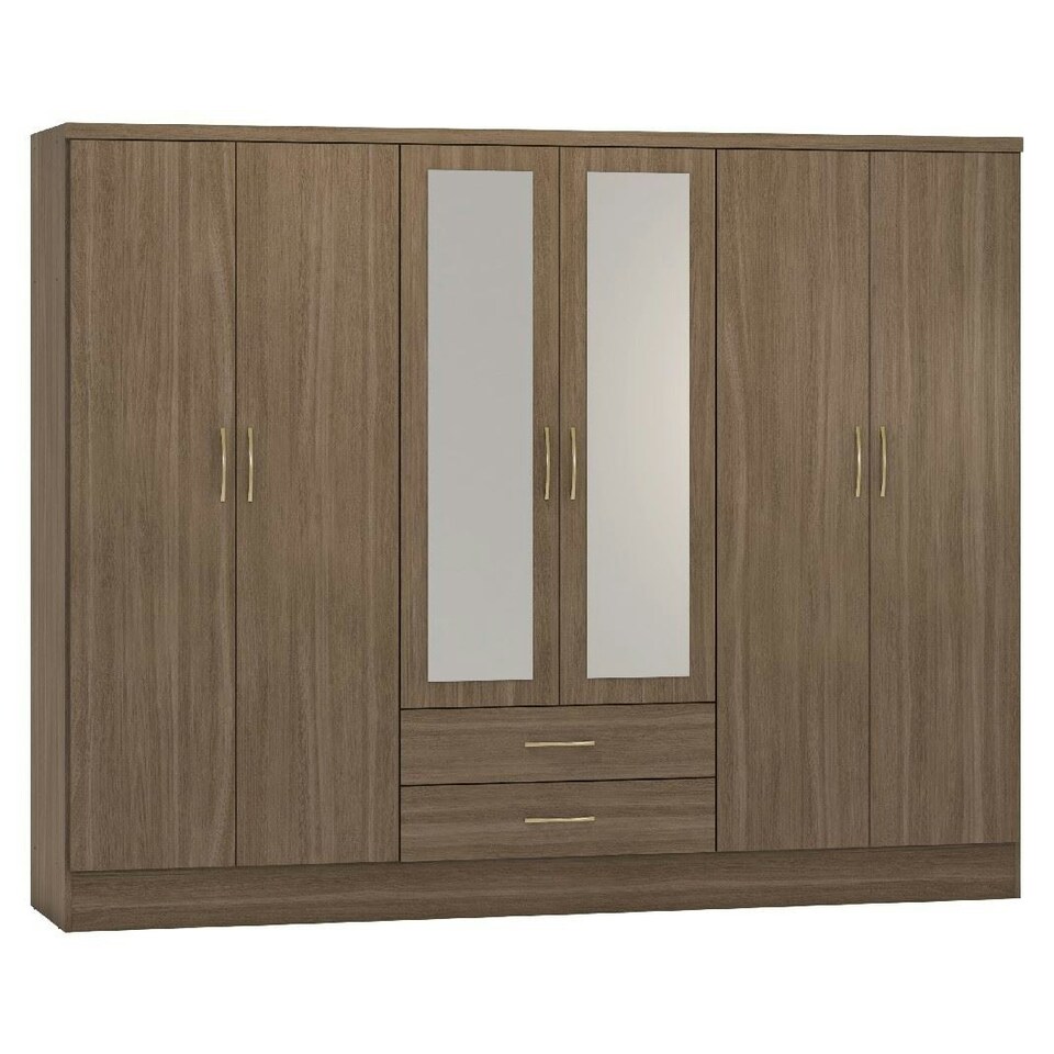 image 1 of Nevada 6 Door 2 Drawer Mirrored Wardrobe Brown | Rustic Oak