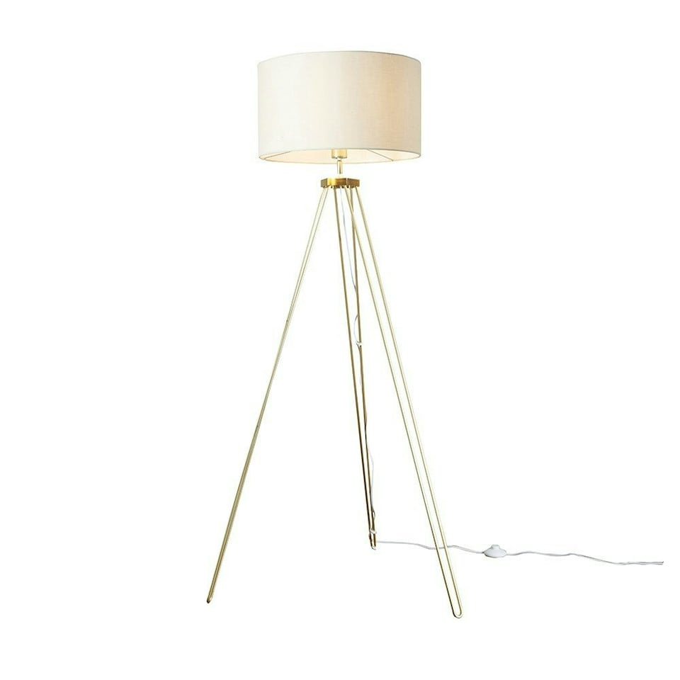 image 1 of ValueLights Aero Polished Gold Floor Lamp with Large Natural Drum Shade and LED Bulb