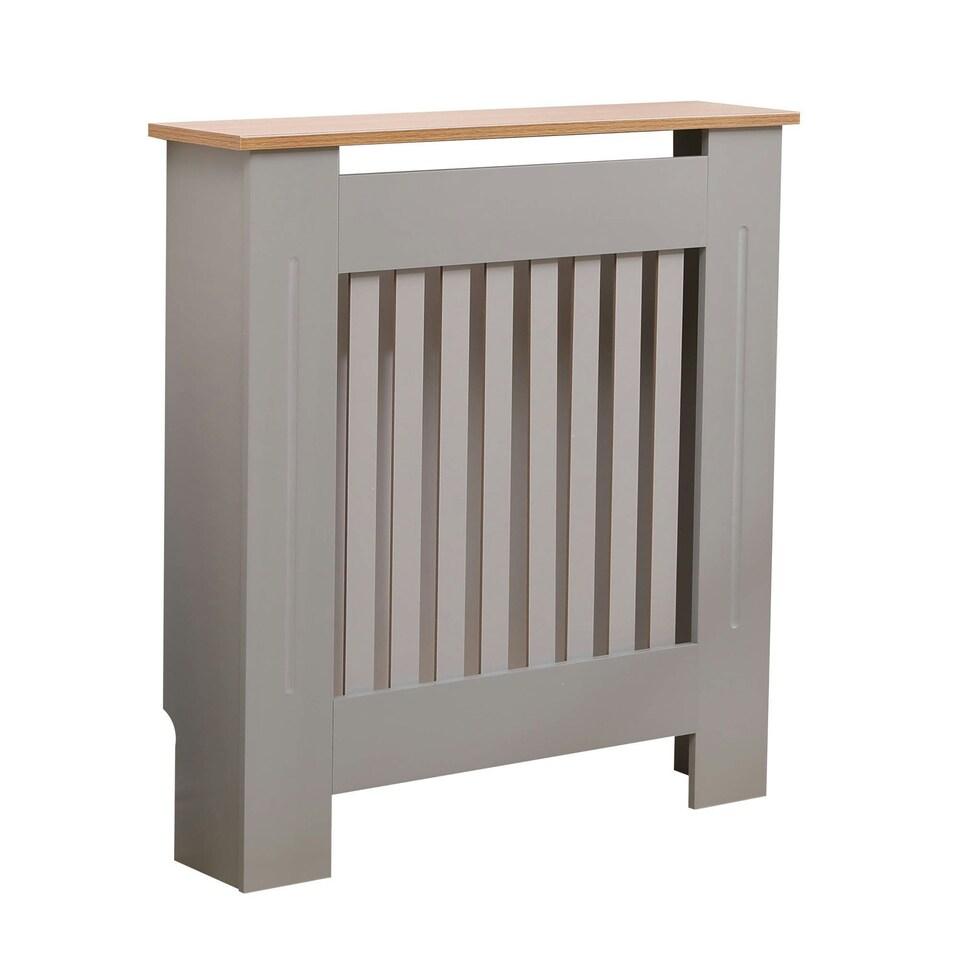 image 1 of Oypla Small Grey Wooden Slatted Grill Radiator Cover MDF Cabinet