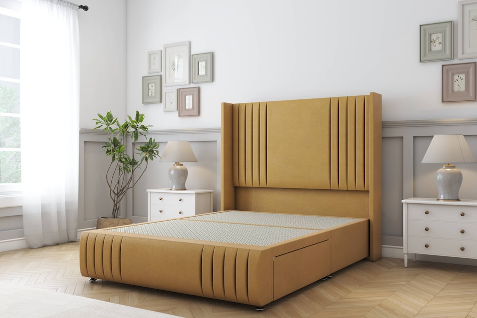 image 1 of Sloomy Camden Mustard Plush Divan Bed Base No Drawers With 54 Inch Wingback Headboard & 12 Inch Matching Footboard | Gold | Mustard | Super King | 1