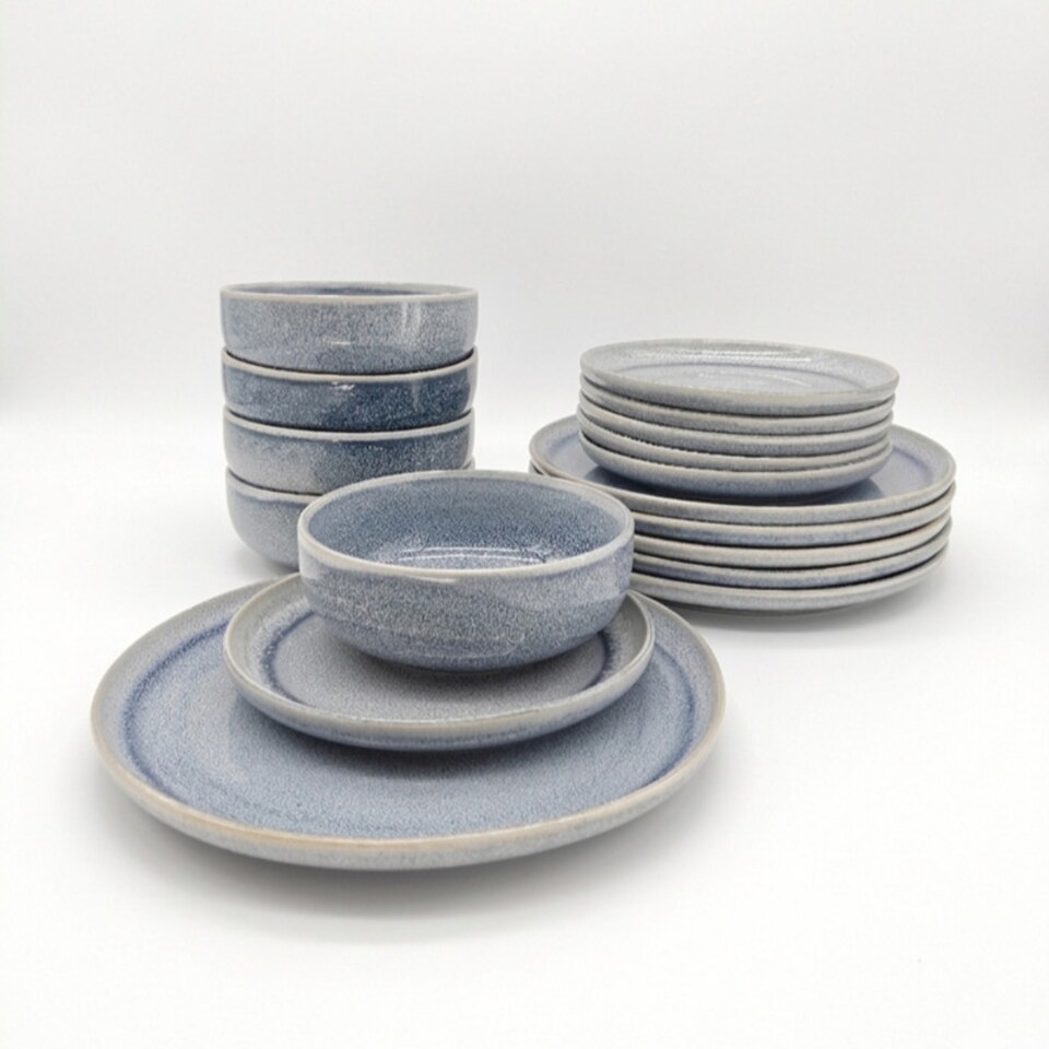 image 1 of Reactive Ash Blue Glaze Dinner Set Plates Bowls 12pc Set
