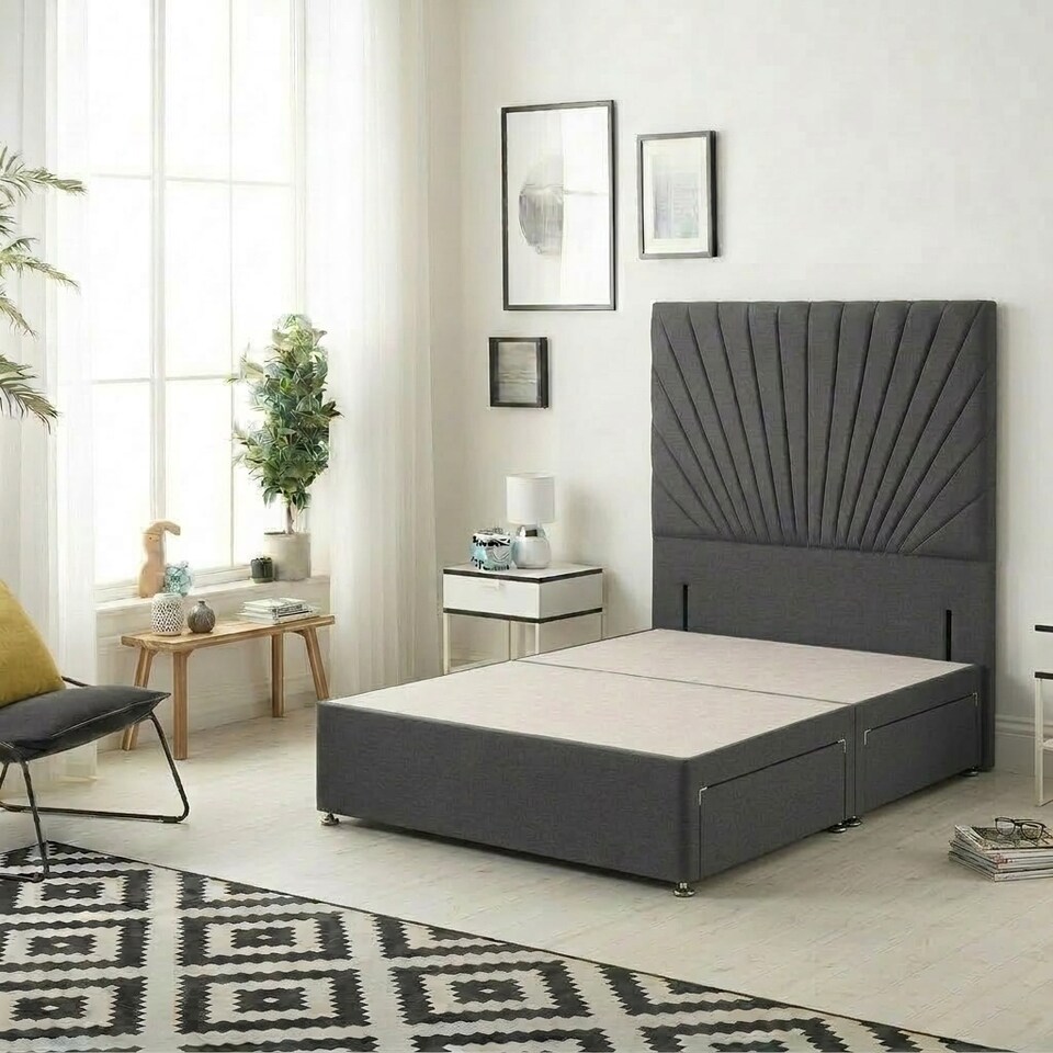 image 1 of Sunburst Divan Bed with 2 Drawers & 54'' Floor Standing Headboard Linen Fabric | Grey | Grey
