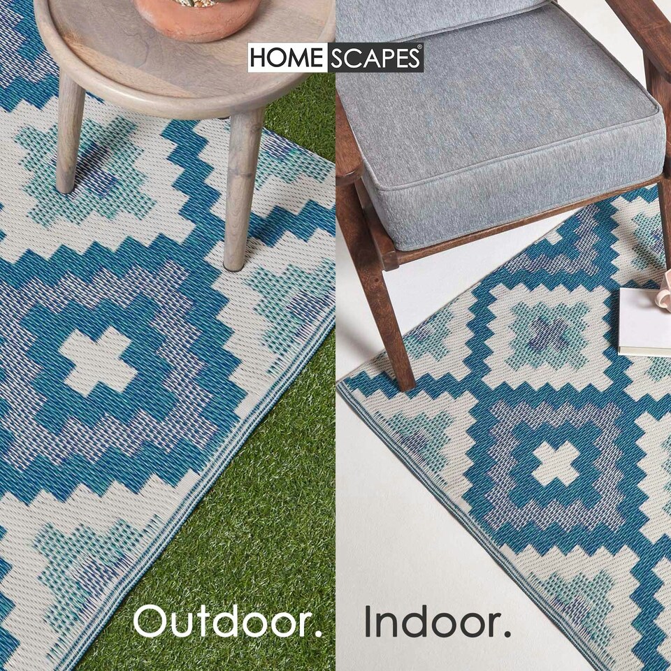 image 1 of Homescapes Outdoor Rug Luxury Waterproof Reversible Recycled, For Garden, Mia Aztec Blue | 120 x 180 cm