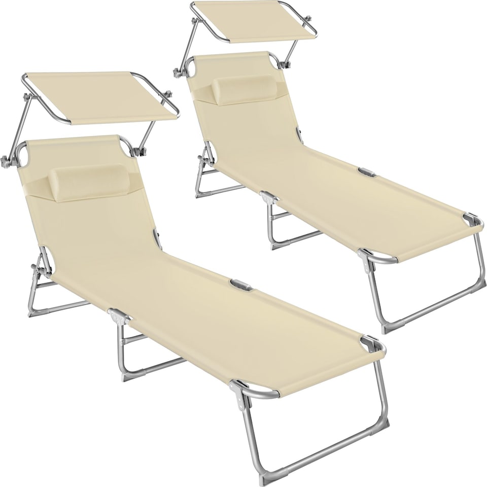 image 1 of Sun Loungers Set of 2 - foldable, sunroof, 4-step backrest, head cushion | Cream | beige | 2