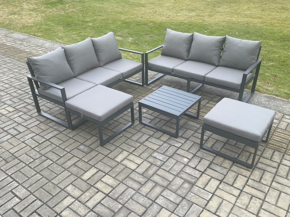 image 1 of Fimous Aluminium 5 Pieces Garden Furniture Sofa Set with Cushions 8 Seater Outdoor Patio Set with Square Coffee Table 2 Big Footstools Dark Grey