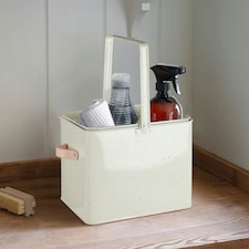 Interiors By Premier Galvanised Housekeeper Box, Speckled Storage Caddy, Leather Handle Box For Toilet Products, Organizer Bin | Cream