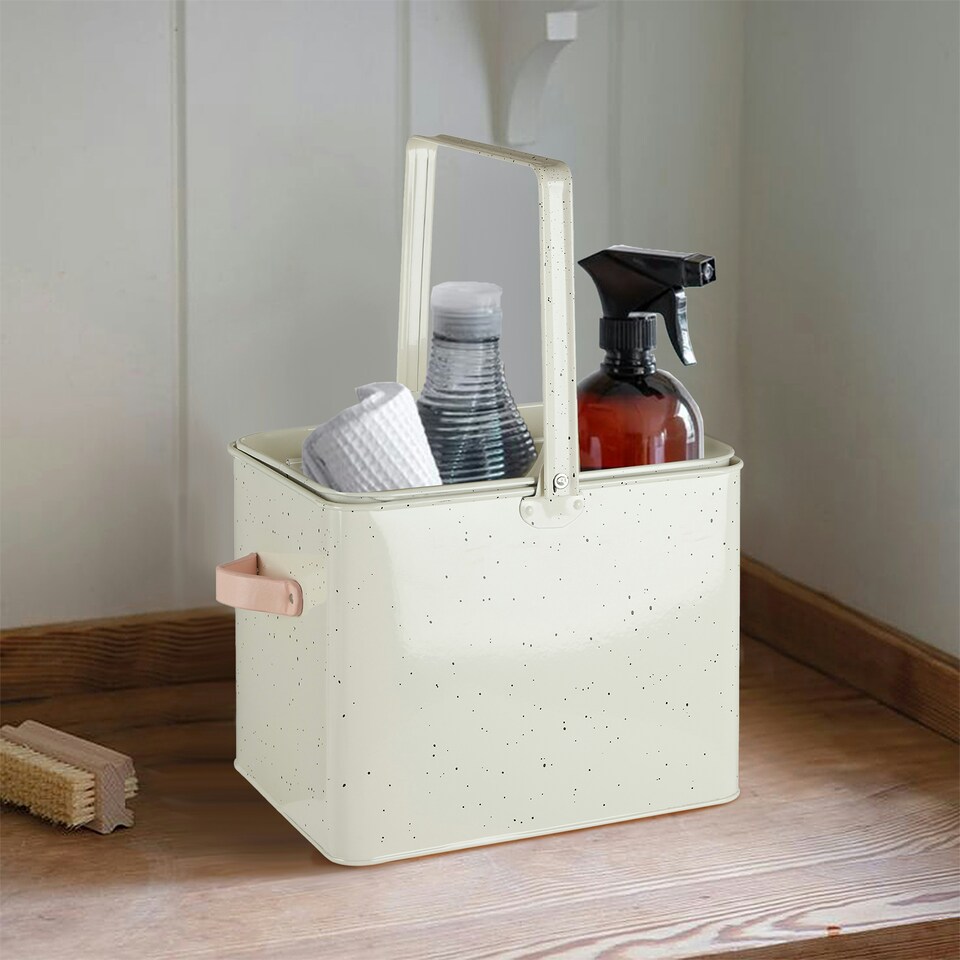 image 1 of Interiors By Premier Galvanised Housekeeper Box, Speckled Storage Caddy, Leather Handle Box For Toilet Products, Organizer Bin | Cream
