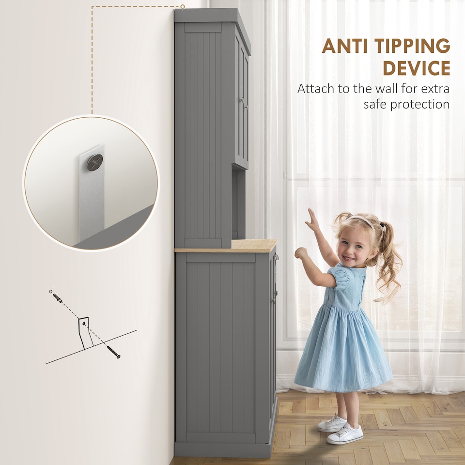 image 1 of HOMCOM 180cm Kitchen Cupboard with 6 Doors, Modern Kitchen Storage Cabinet with Microwave Oven Countertop, Drawer, Adjustable Shelves and Cable Hole, Grey | Grey | Grey