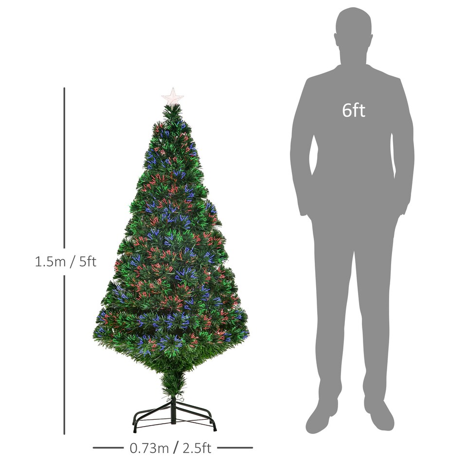 image 1 of HOMCOM 5FT Pre-Lit Fibre Optic Christmas Tree Artificial Holiday Décor Metal