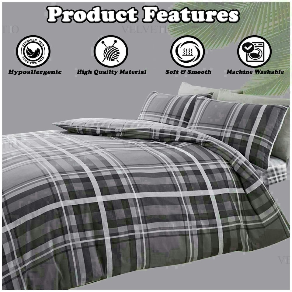 image 1 of Newton Tartan Check Duvet Cover Set Reversible Polycotton Beddings Grey | King