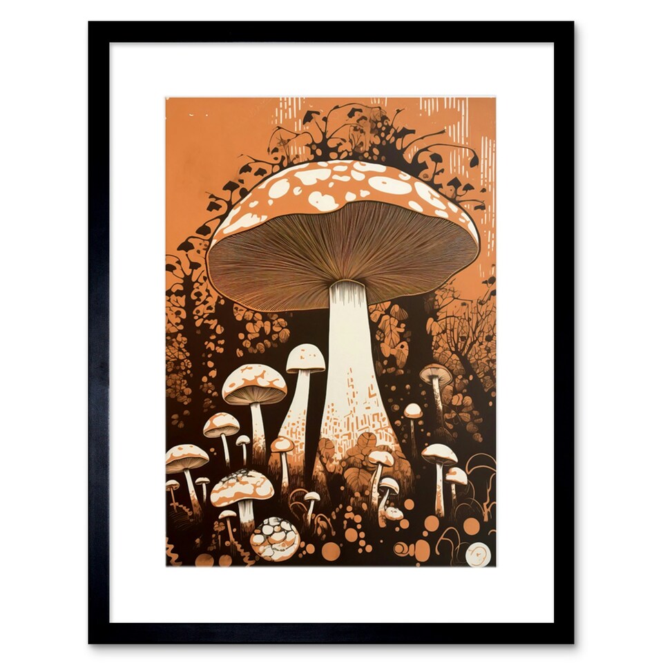 image 1 of Vintage Mushroom Red Cap Fungi Orange Brown 9x7" Black Framed Wall Art Print