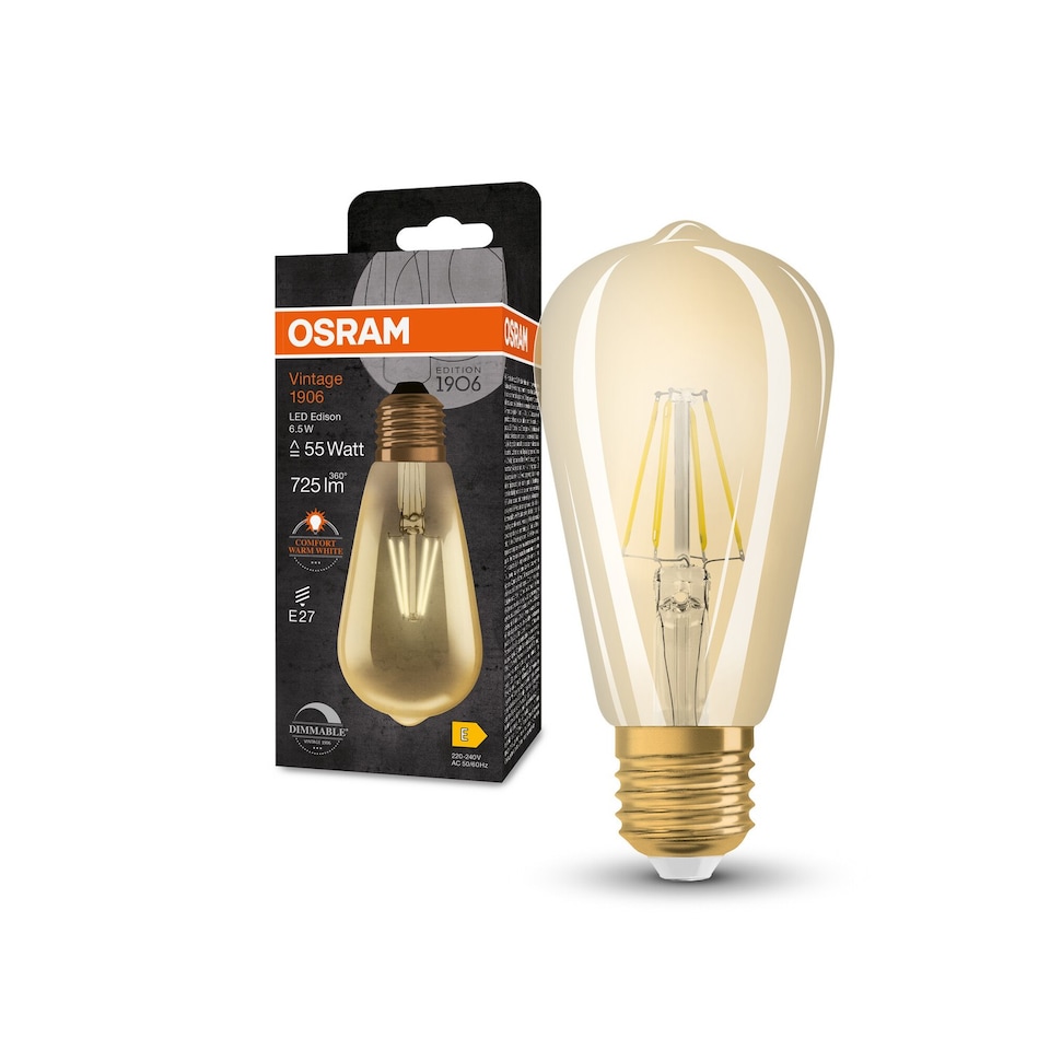 image 1 of Osram Vintage 1906 Edison 55 Filament DIM Lamp 6.5W 824 Gold E27 4 Pack