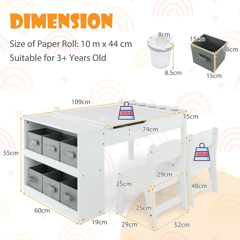 image 1 of COSTWAY 2-in-1 Kids Wooden Art Table and Art Easel Set With Chairs Storage Bins Paper Roll
