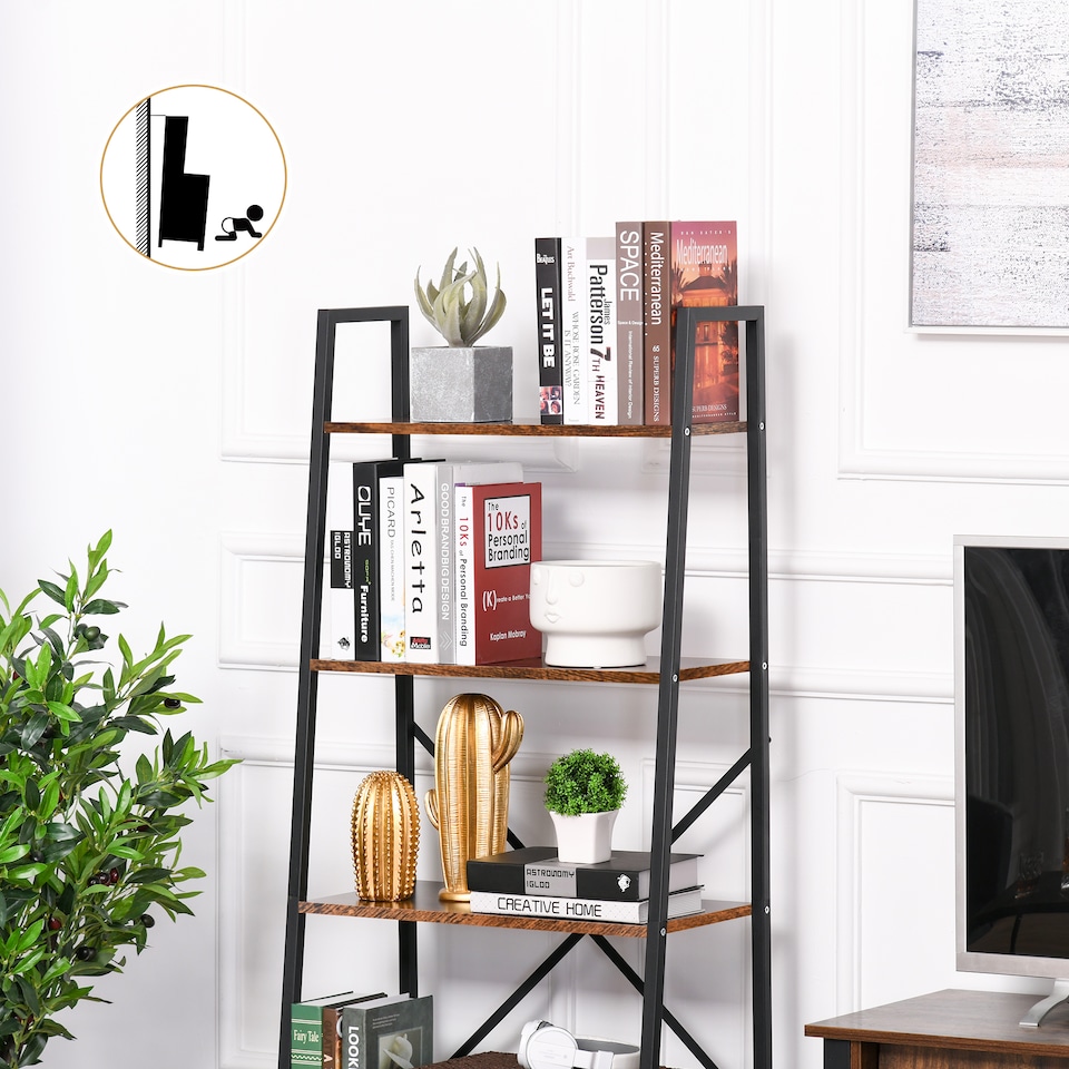 image 1 of HOMCOM Ladder Shelf, Bookshelf, 4-Tier Industrial Storage Rack for Living Room, Bedroom, Kitchen, Rustic Brown and Black