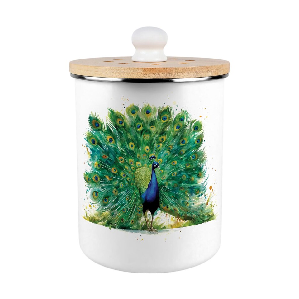 image 1 of Majestic Peacock Food Waste Caddy - Metal 2L Decorative Kitchen Compost Bin