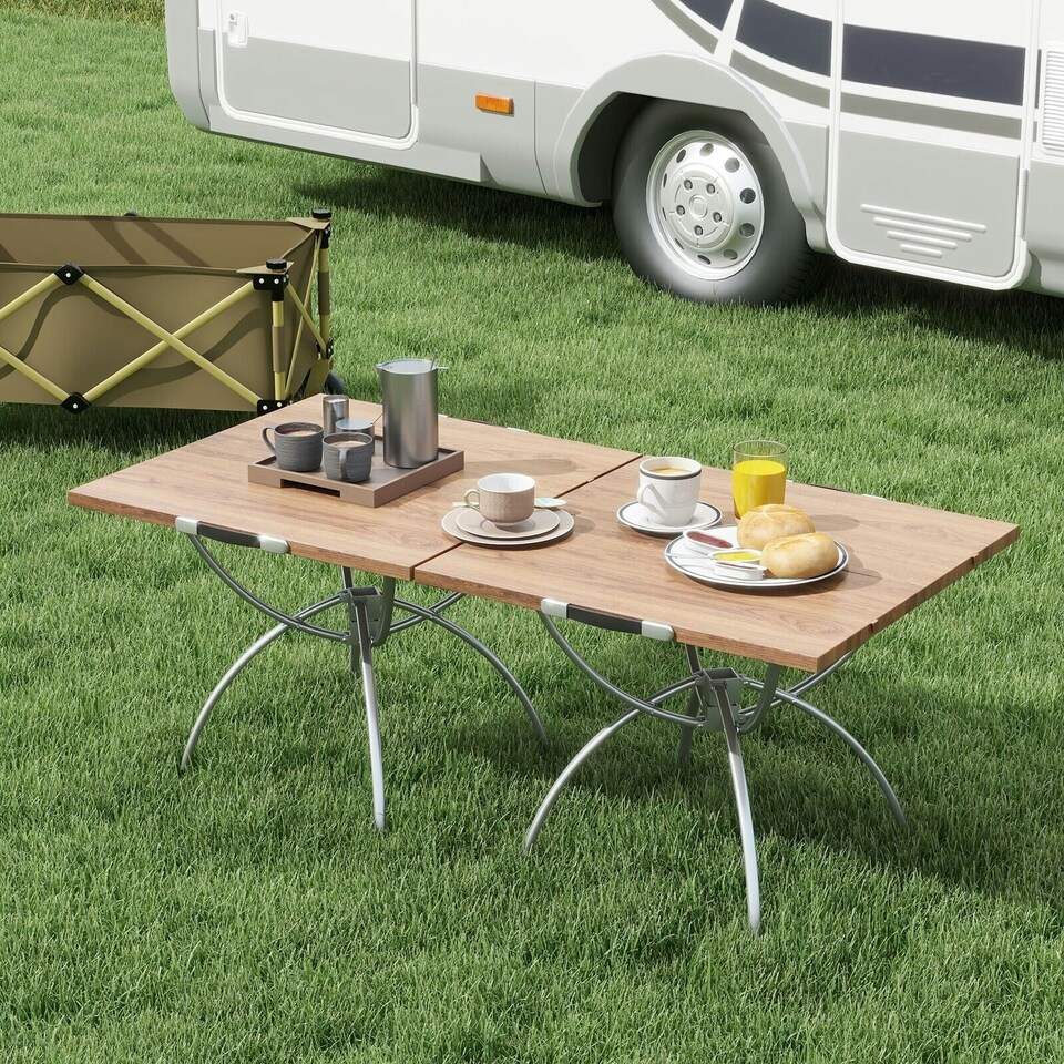 image 1 of COSTWAY 2 PCS Extendable Camping Table Foldable Picnic Table Brown