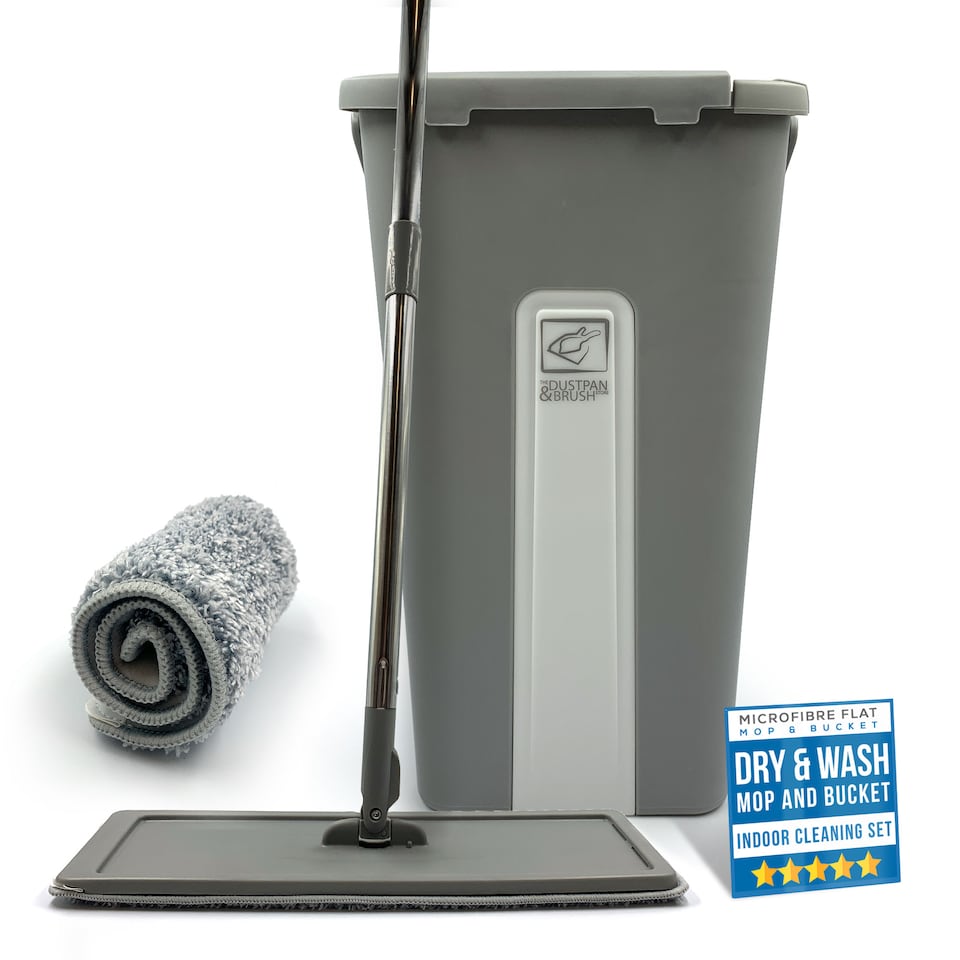 image 1 of Flat Mop and Bucket Set with Swivel Head Built In Wringer and 2 Washable Microfibre Mop Heads