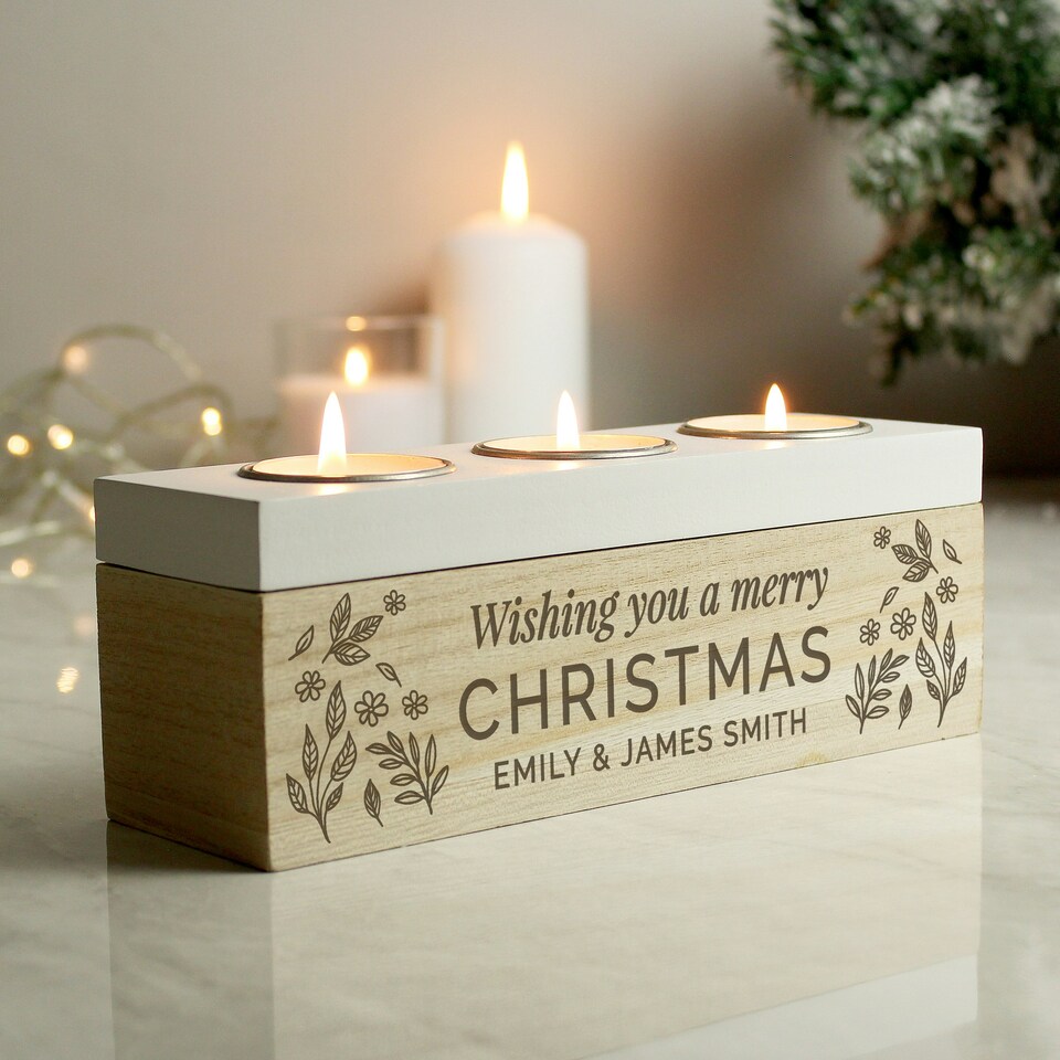 image 1 of Personalised Floral Triple Tea Light Box Brown