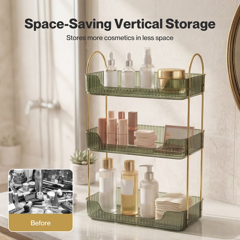 image 1 of ilus Makeup Organiser Modern Minimalist 3-Tier Cosmetic Storage Rack Beauty | Green | Green