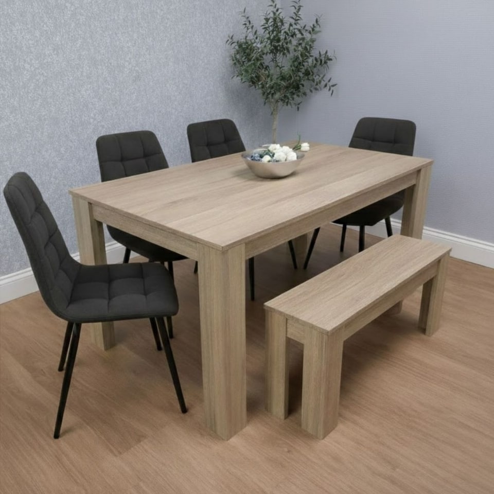 Dining Table and 4 Chairs With Bench Oak Effect Wood 4 Black Velvet ...