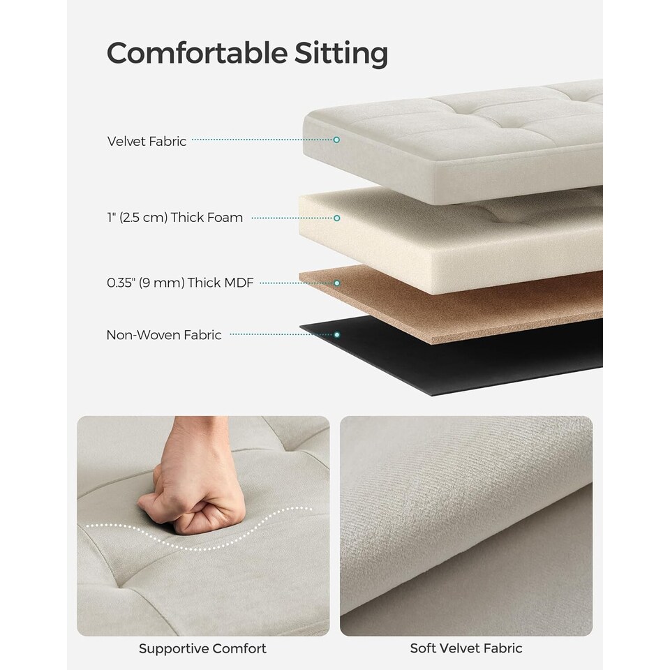 image 1 of Storage Ottoman with Extended Hidden Storage Space, Foldable Velvet Fabric Bench, 110 cm, Cream White