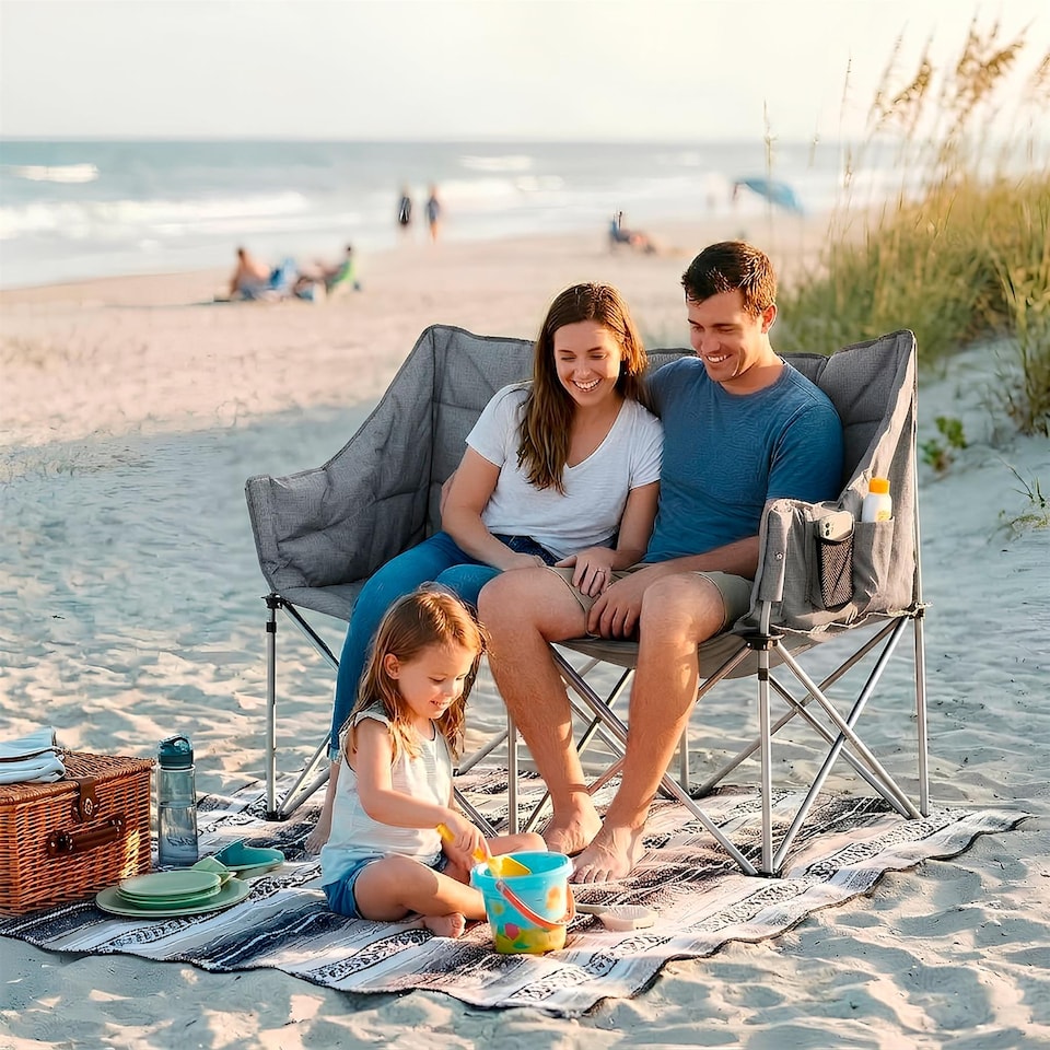 image 1 of Harbour Housewares Double Camping Chair - Grey - 2x Folding Padded 2 Seater Outdoor Garden Beach Fishing Picnic Seat Carry Bag