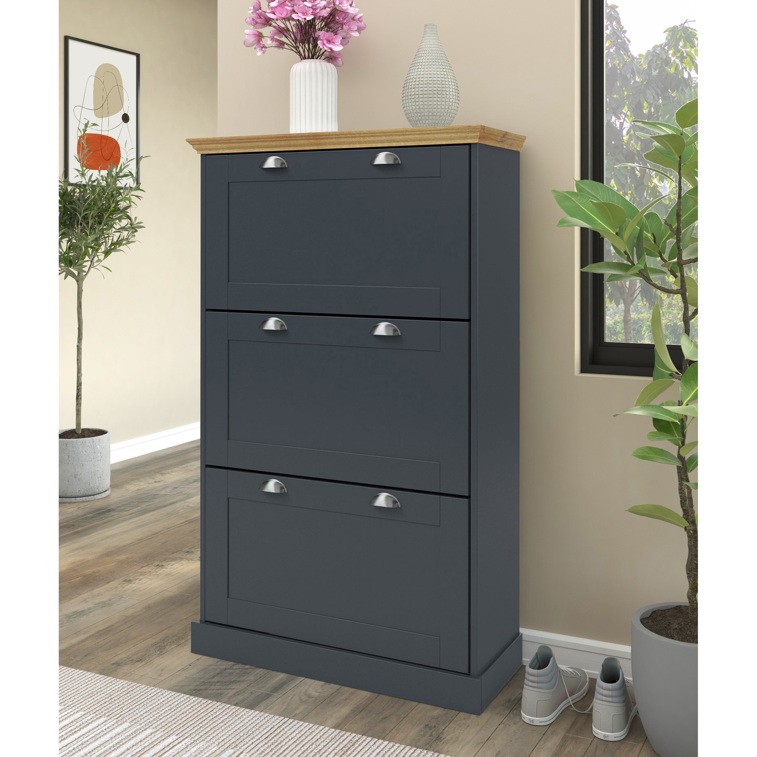 Motala Shoe storage with 3 flap doors in wood look anthracite