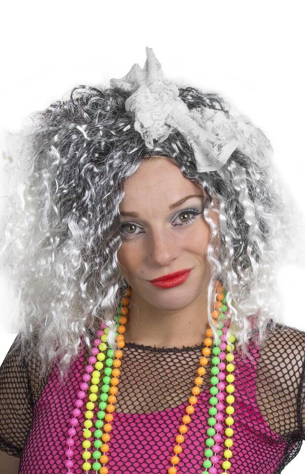 image 1 of 80s Pop Diva Wig with White Bow | White | One Size