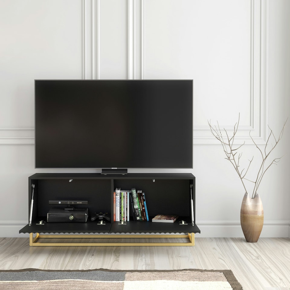 image 1 of TV Unit 100cm Black Matt Fluted Fronts with Gold Metal Base Black