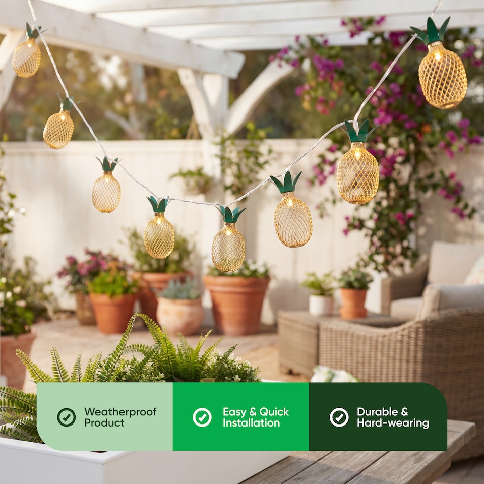 image 1 of 2m Solar Pineapple LED String Lights 10 Warm White Hanging Lanterns