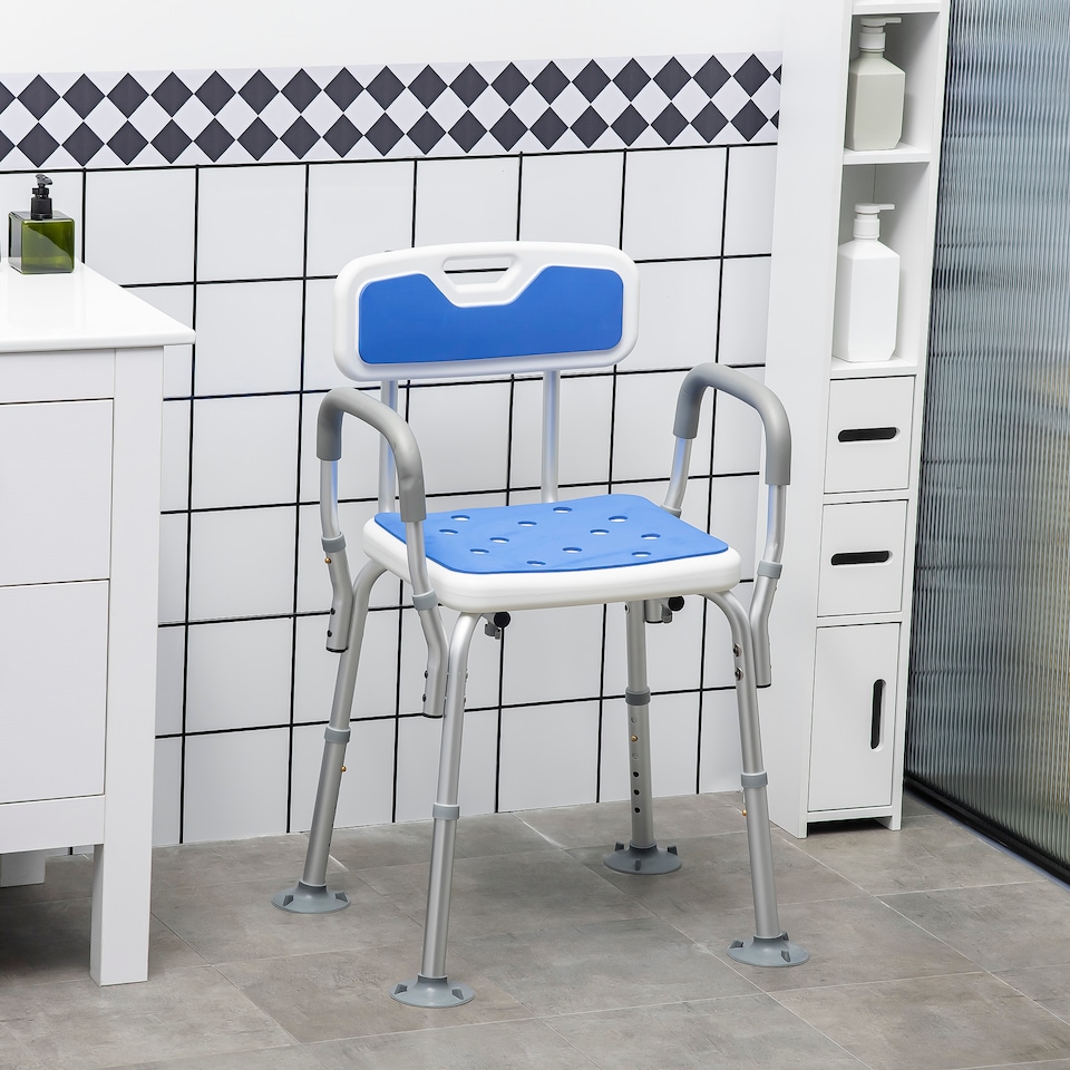 image 1 of HOMCOM EVA Padded Shower Chair for the Elderly and Disabled, Height Adjustable Shower Stool with Back and Arms, 4 Suction Foot Pads, Blue
