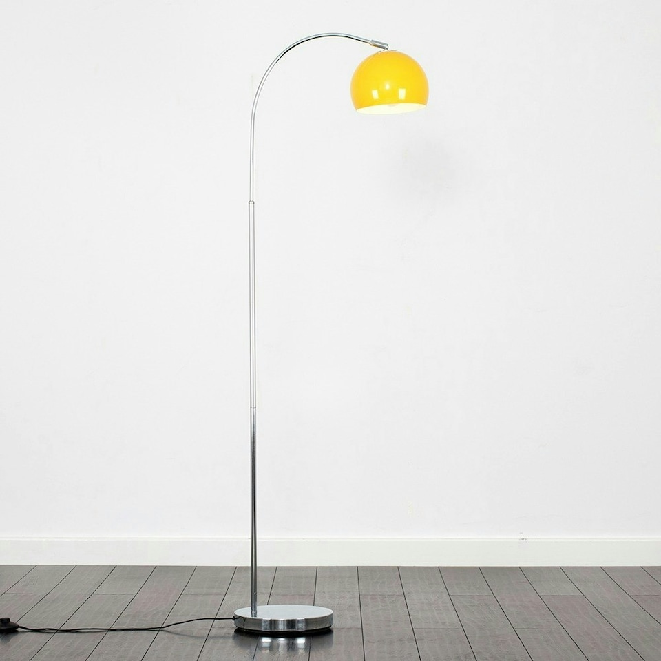 image 1 of ValueLights Polished Chrome Curved Stem Floor Lamp With Gloss Yellow Metal Dome Light Shade