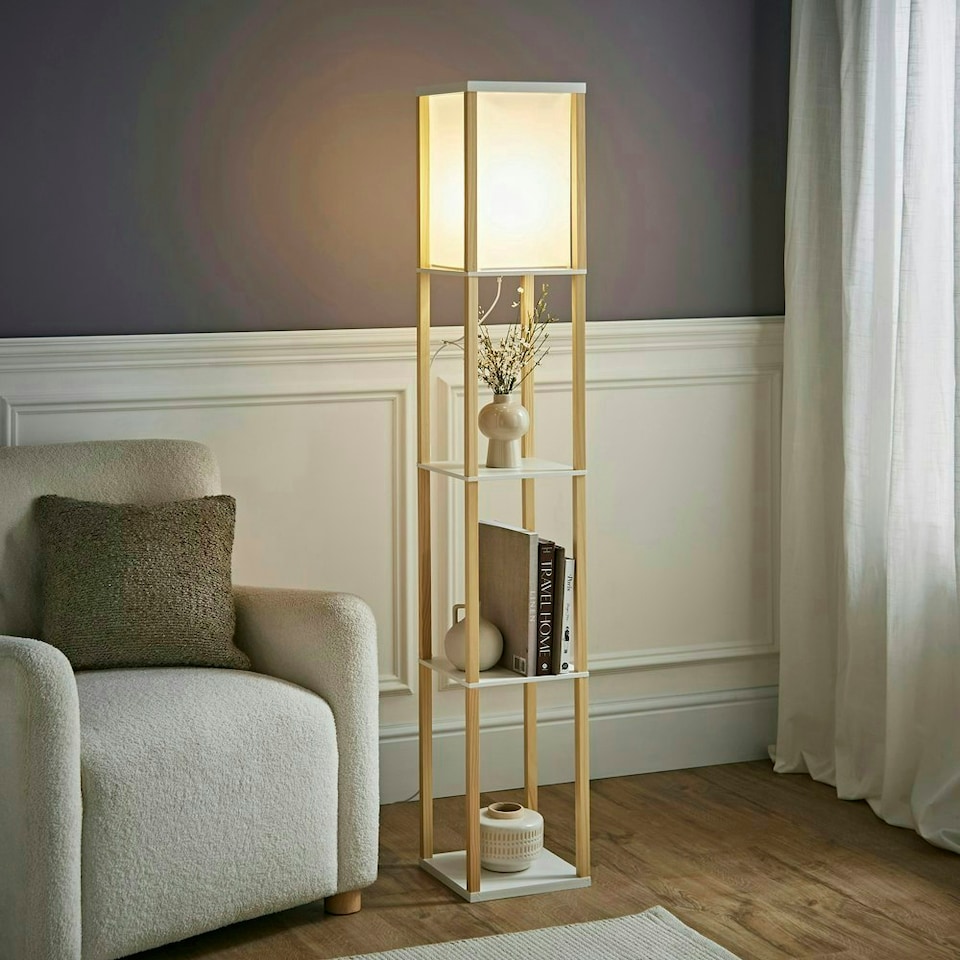 image 1 of ValueLights Struttura Oak Shelving Floor Lamp with Fabric Shade