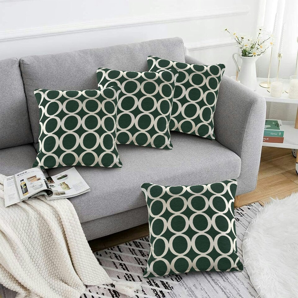 image 1 of Geometric O Chenille 45cm x 45cm Green Cushion Set of 4 | Green | Cream | 45cm x 45cm x 10cm | 4