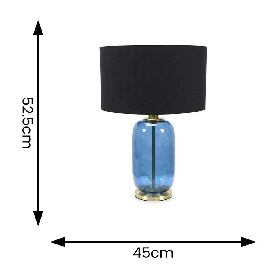 image 1 of ValueLights Leigh Black Fabric Drum Shade with Navy Blue Glass and Gold Trim Table Lamp with Bulb