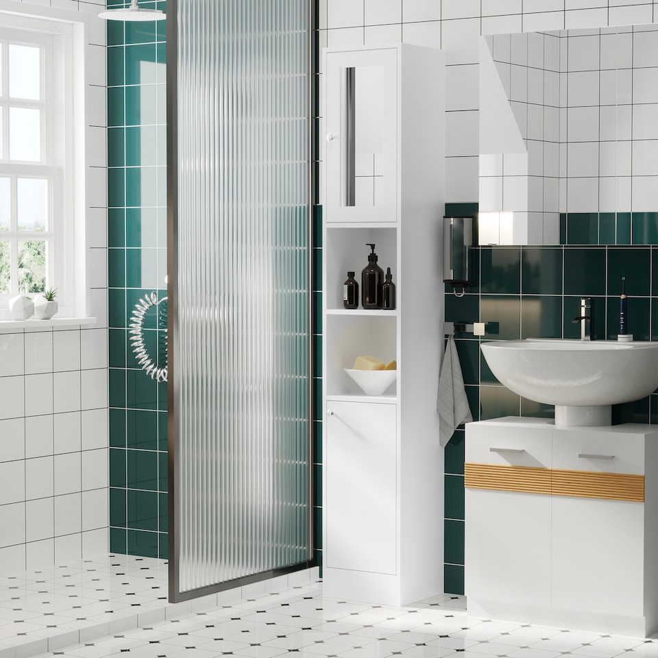 image 1 of kleankin Tall Bathroom Storage Cabinet with Mirror, Freestanding Floor Cabinet Tallboy Unit with Adjustable Shelves, White