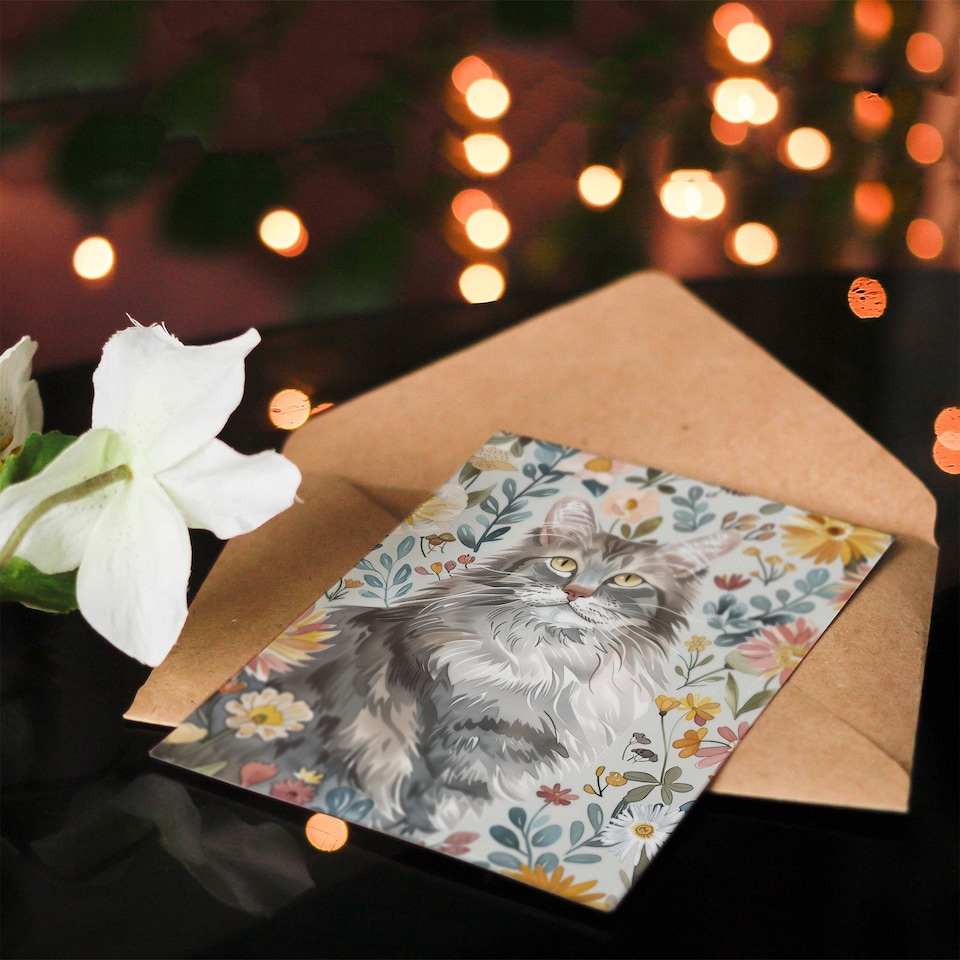 image 1 of Greeting Card Cat Lover Maine Coon Boho Floral Pet Portrait Birthday