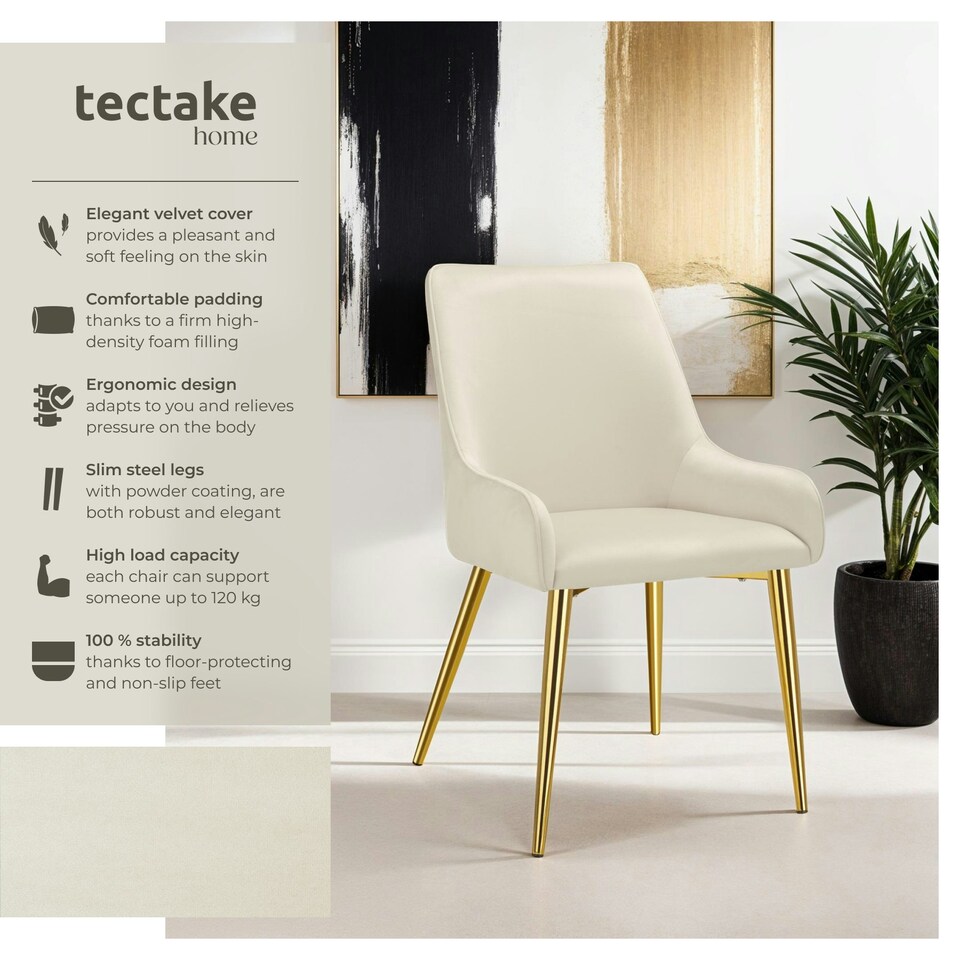 image 1 of Dining Chair Avane - velvet look, padded armchair, high backrest and armrests - Set of 2 Cream | Beige