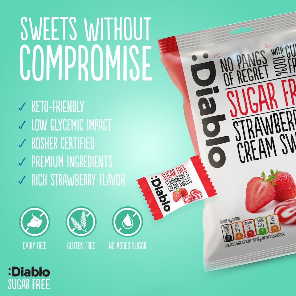 image 1 of Diablo Sugar Free Strawberry and Cream Sweets 75g 3 Pack