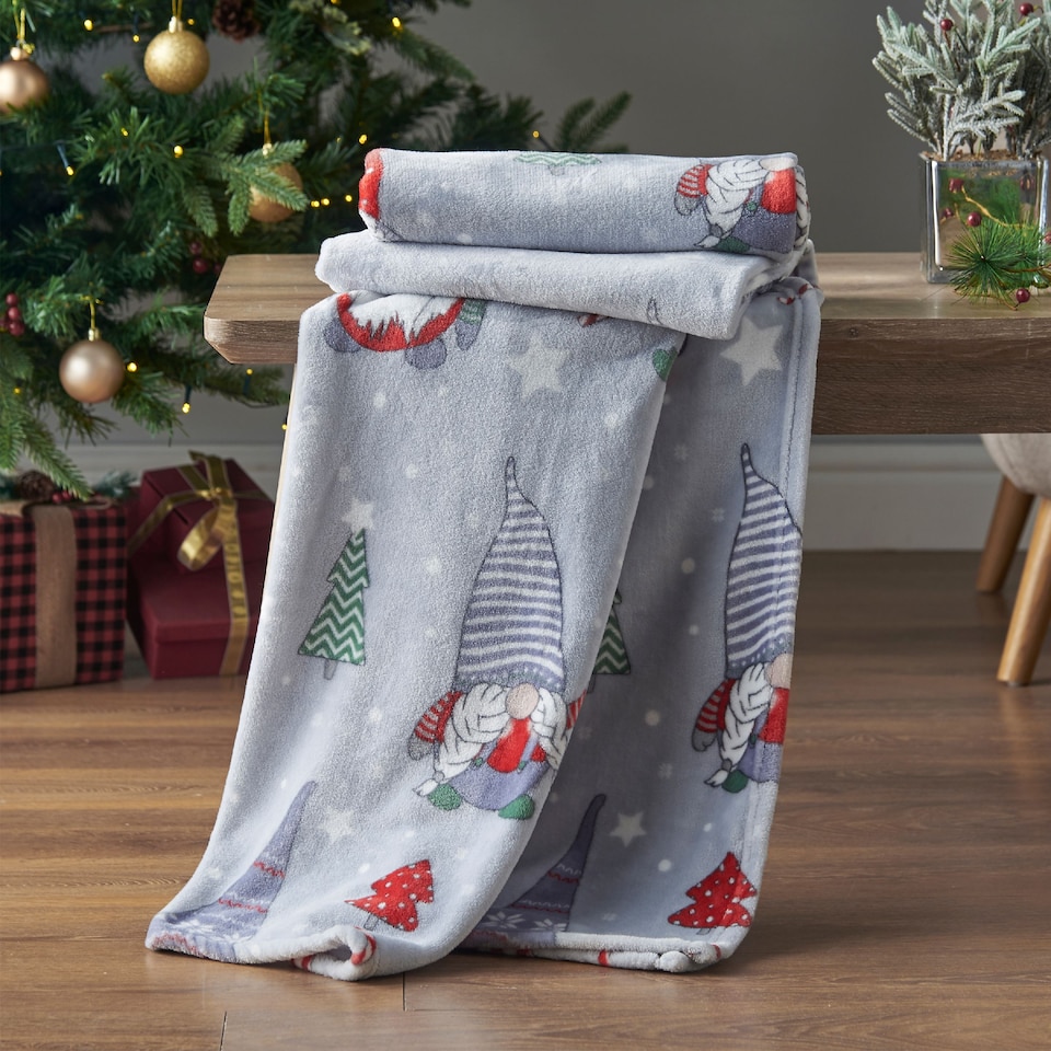 image 1 of Catherine Lansfield Christmas Festive Gnomes Cosy Fleece Blanket Throw