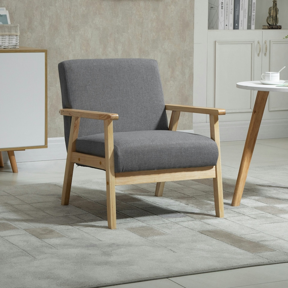 image 1 of HOMCOM Accent Chair with Wood Frame Wide Seat Linen Armchair Grey