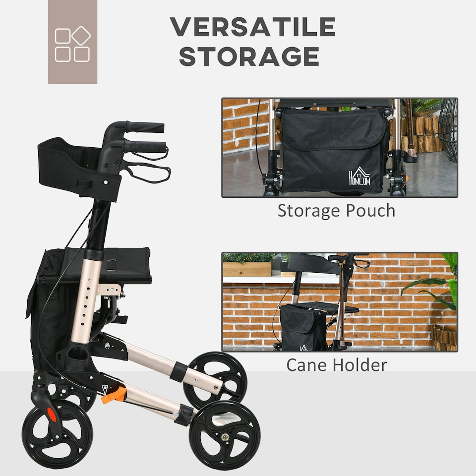 image 1 of HOMCOM 4 Wheel Rollator Walker, Adjustable Mobility Walker with Bag,Gold Tone