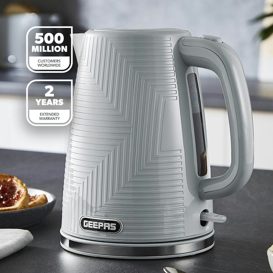 image 1 of GEEPAS 1.7L Cordless Electric Kettle 3000W Textured Premium Kettle with 360° Rotational Base | Concealed Heating , Cord Storage & LED Indicator - Grey