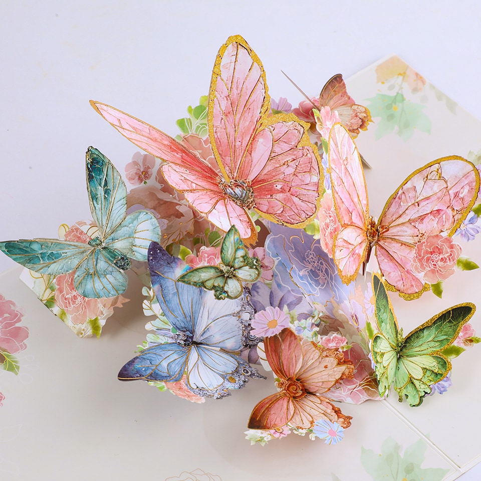 image 1 of Peach Butterfly and Flowers 3D Pop Up Greeting Card