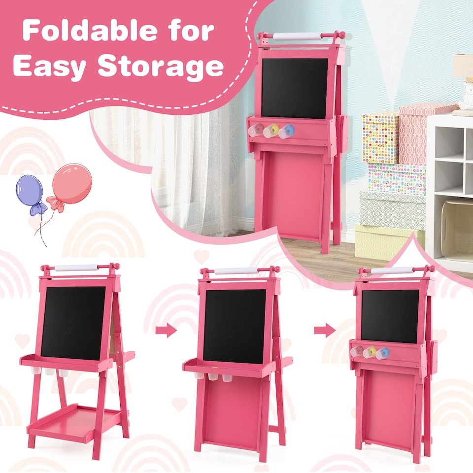 image 1 of COSTWAY Foldable Easel Kids 3-in-1 Double-sided Art Easel w/Chalkboard-Pink