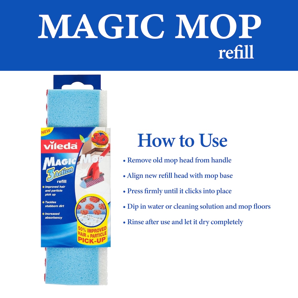 image 1 of Vileda Magic Mop Refill Sponge Floor Cleaning Replacement Head Hard Floors Pack of 3