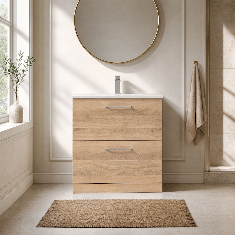 image 1 of Balterley Contemporary Bathroom 2 Soft Close Drawer & Minimalist Floor Standing Vanity Unit Basin | Brown | Bleached Oak | 818 x 800 x 390mm