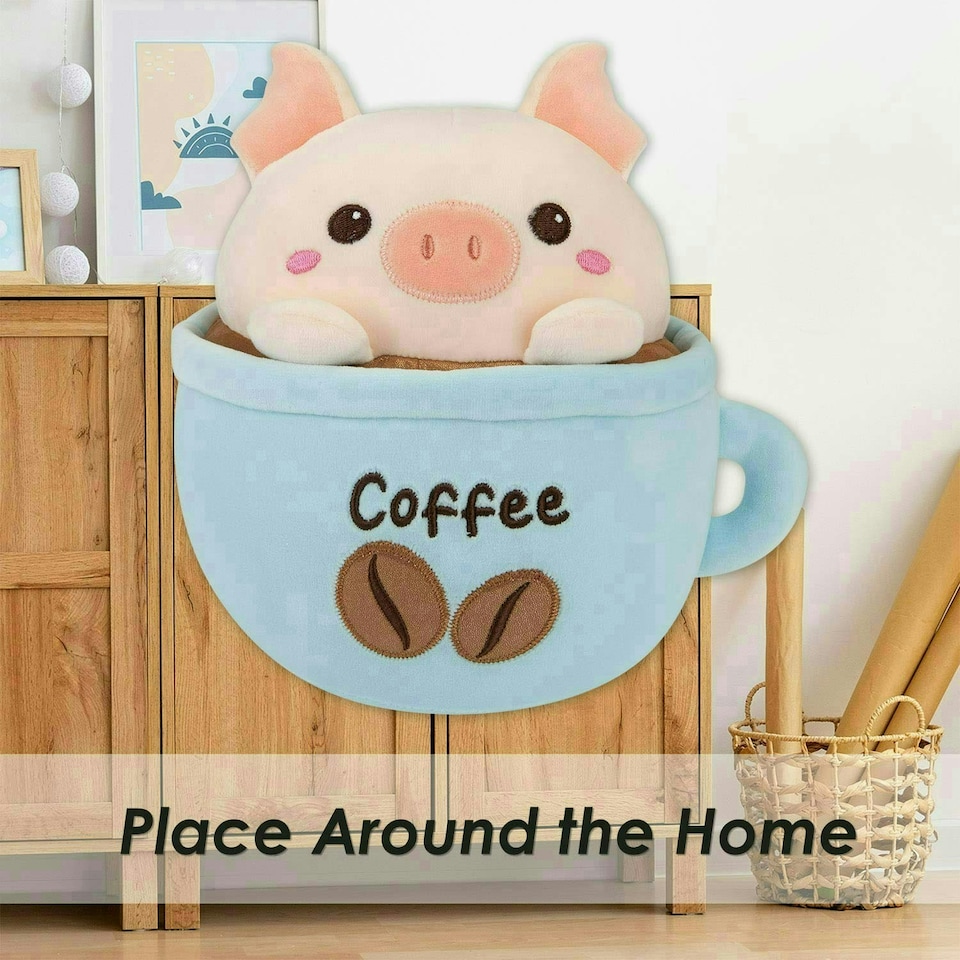 image 1 of Pig Coffee Cup Soft Toy Cute Plushie Huggable Cuddly Stuffed Toy 20cm Blue
