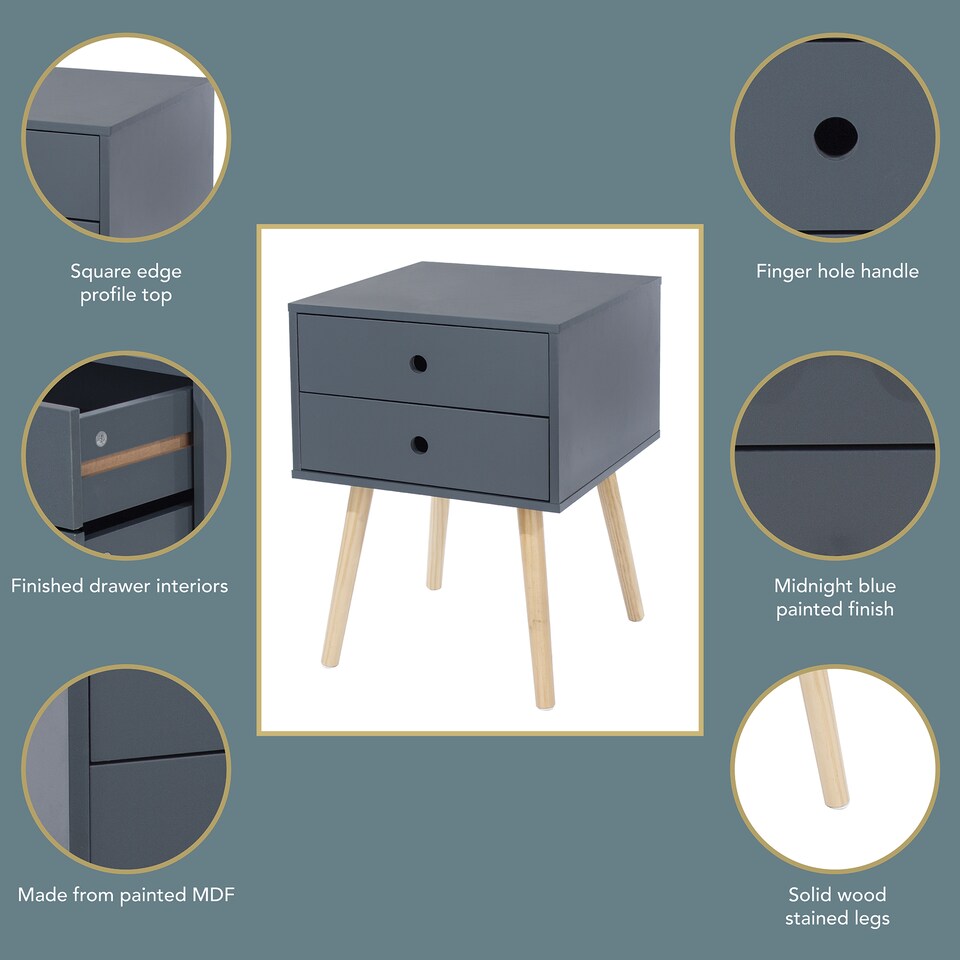 image 1 of Options Scandia 2 Drawer Nightstand - Stylish Two Tone Bedside Table for Small Spaces | Blue | Blue | One Size | 1