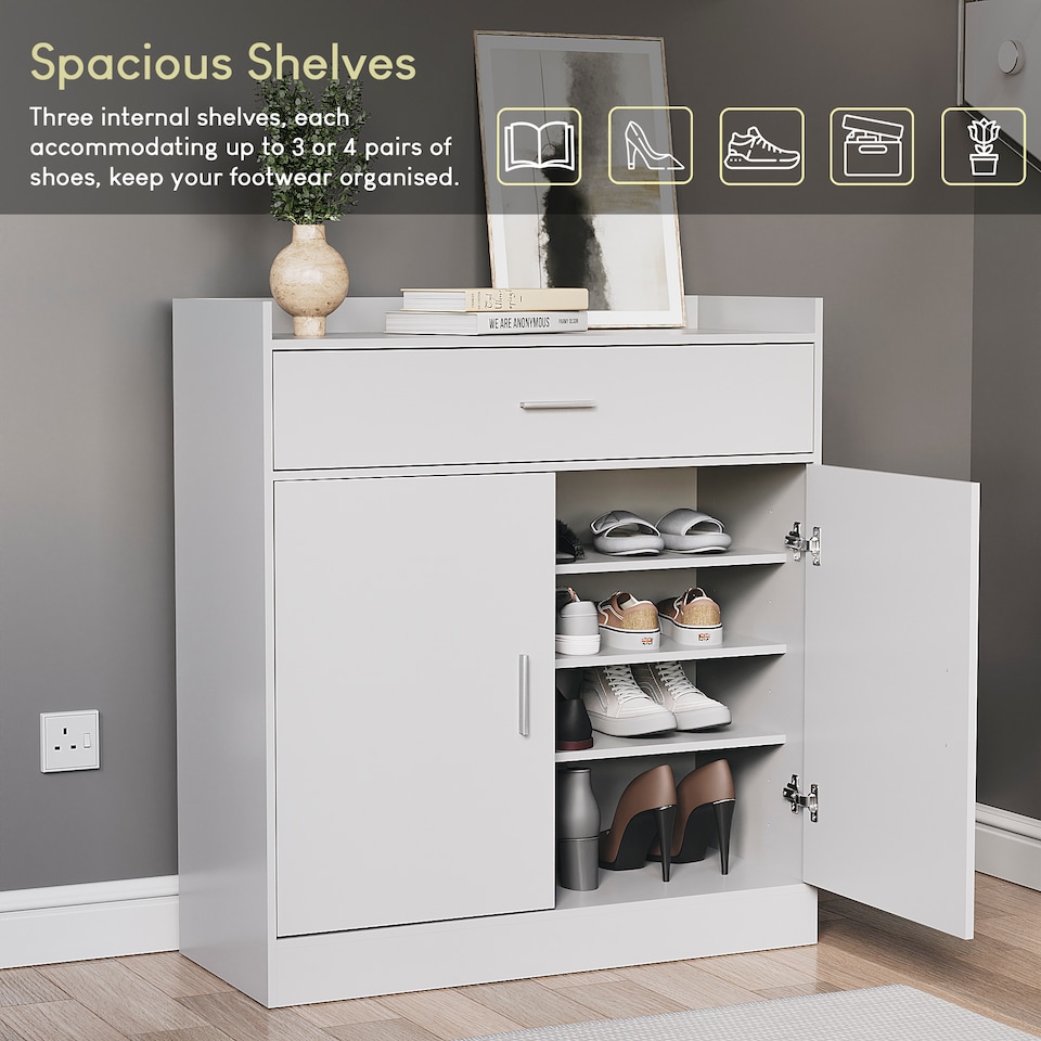 image 1 of Vida Designs Dalby 2 Door 1 Drawer Shoe Cabinet Shoe Rack Storage Cupboard, White